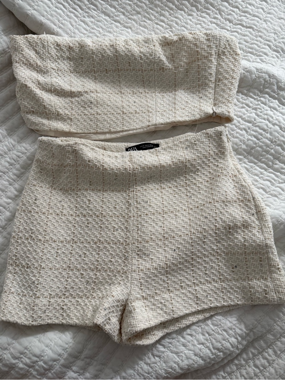 Zara Cream High-Waist Textured Shorts Set